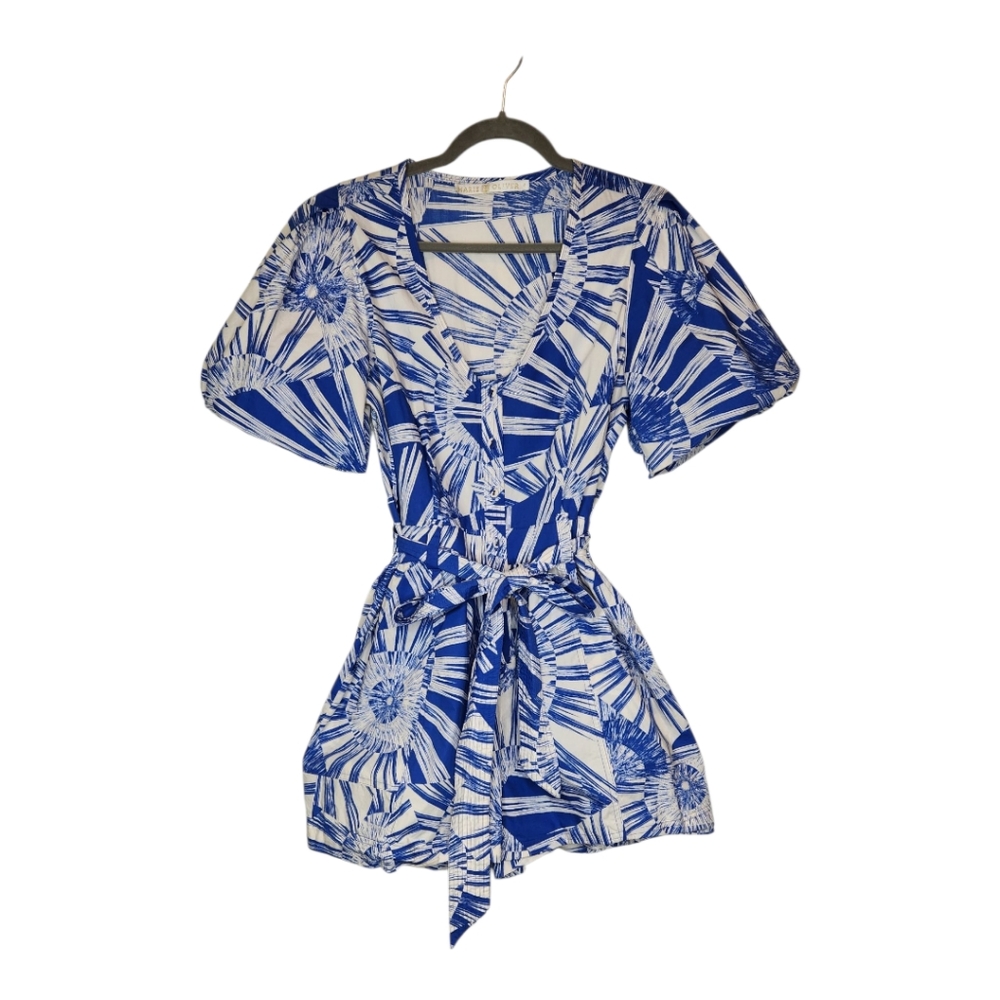 Marie Oliver Devin Geometric Tie Waist Puff Sleeve Romper 8